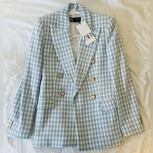 NWT ZAra Women's Light Blue Houndstooth tweed Blazer XS